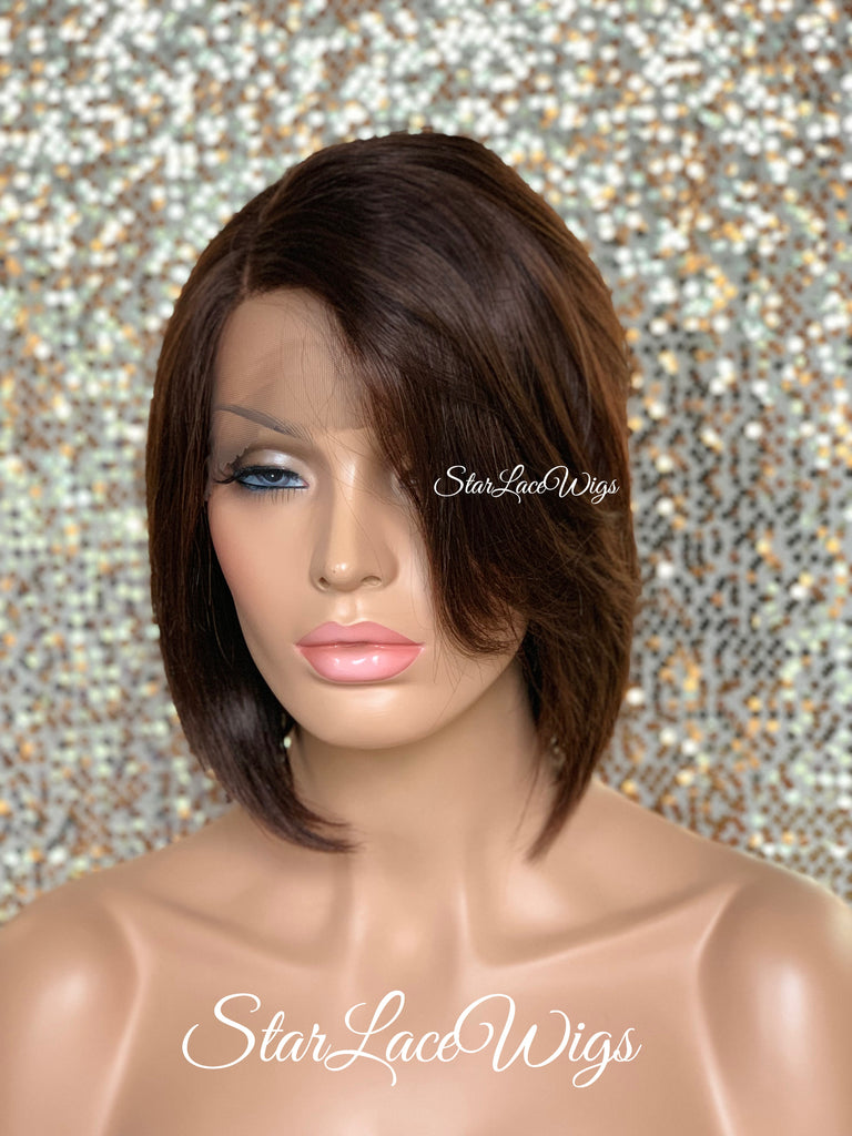 Lace Front Wig Asymmetrical Angled Bob Straight Brown #4 Feathered - Mara
