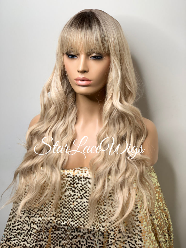 Long Full Wig Synthetic Wavy Blonde Dark Roots Middle Part Bangs - Millie