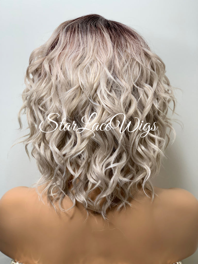 Lace Front Wig Short Wavy Ash Blonde Silver Synthetic Bob Brown Roots - Flavia