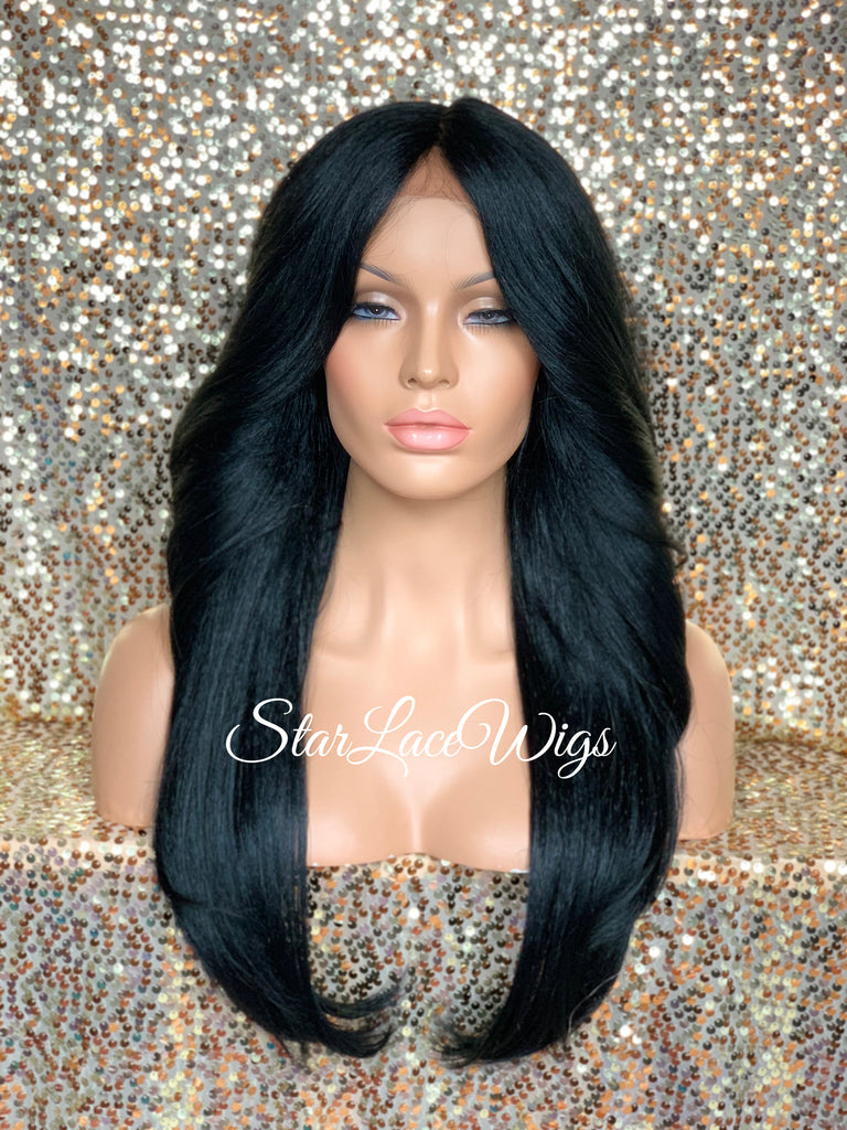 Lace Front Wig Long Synthetic Straight Layers Black Brown Middle Part - Camila