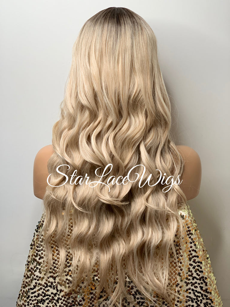 Long Full Wig Synthetic Wavy Blonde Dark Roots Middle Part Bangs - Millie