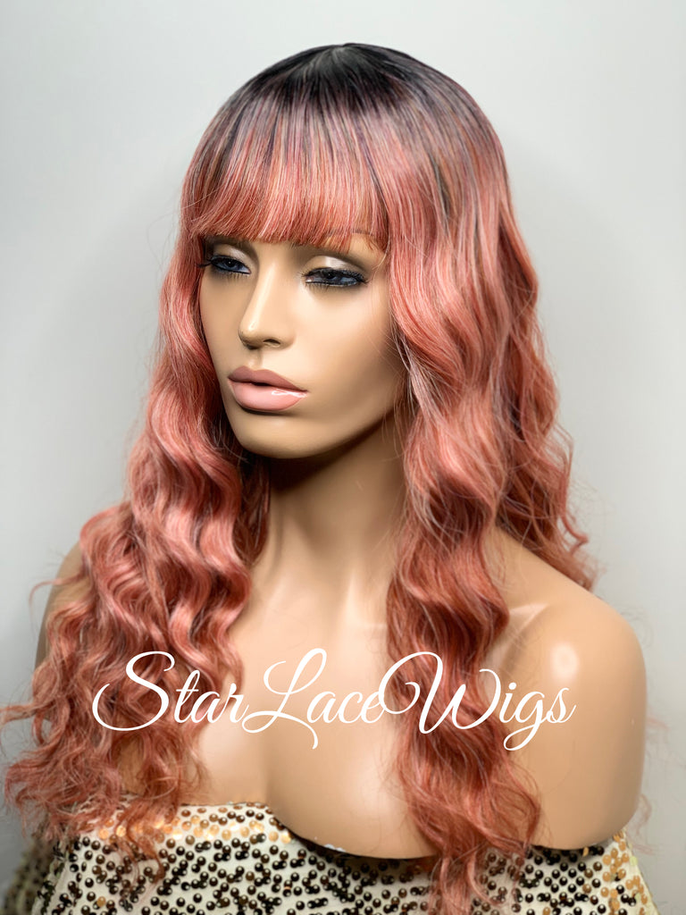 Long Pink Full Wig with Bangs Synthetic Wavy Dark Roots - Cadence