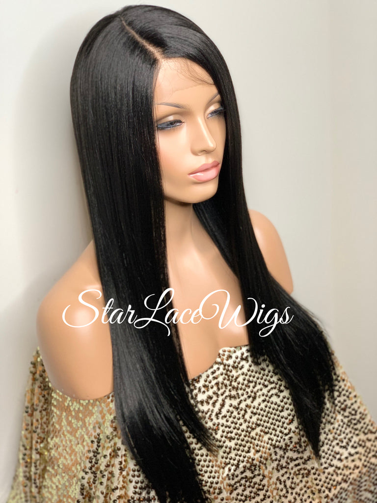 Lace Front Wig Synthetic Black Straight Side Part Layers - Maxine