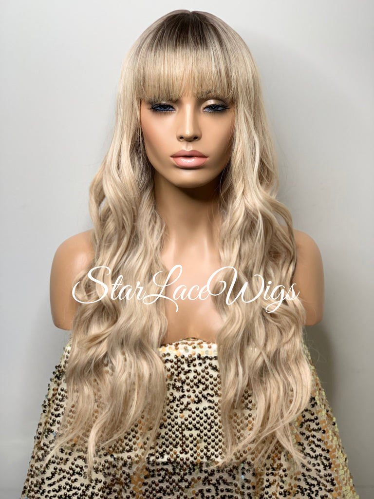 Long Full Wig Synthetic Wavy Blonde Dark Roots Middle Part Bangs - Millie