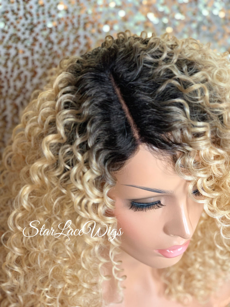 Synthetic Curly Full Wig Blonde Dark Roots Shoulder Length - Dina