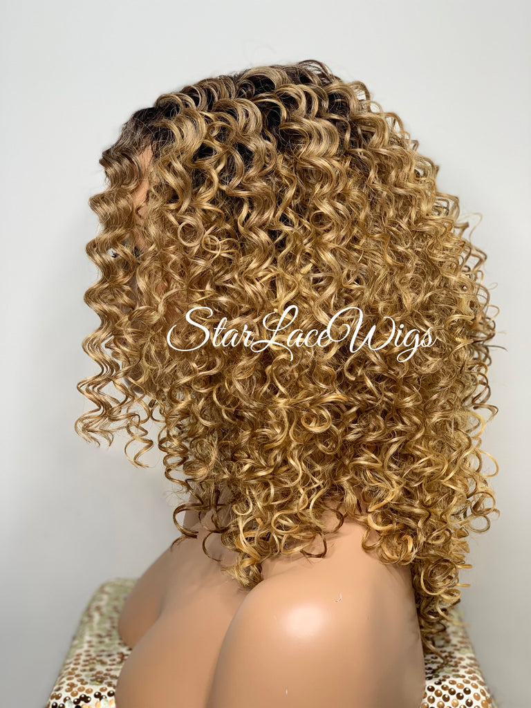 Synthetic Curly Full Wig Honey Blonde Dark Roots - Ada
