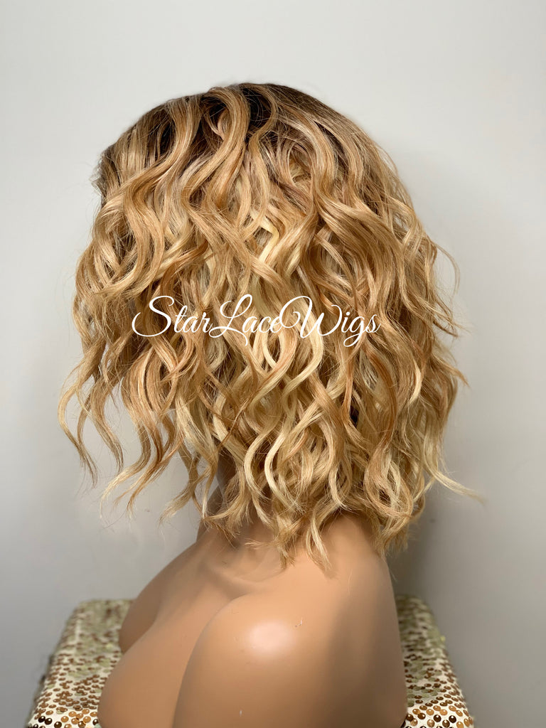 Lace Front Wig Short Wavy Honey Blonde Synthetic Bob Brown Roots - Paula