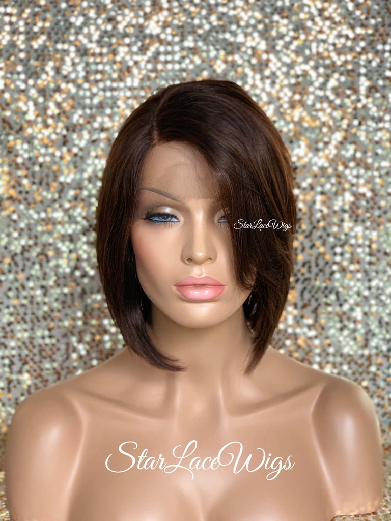 Lace Front Wig Asymmetrical Angled Bob Straight Brown #4 Feathered - Mara