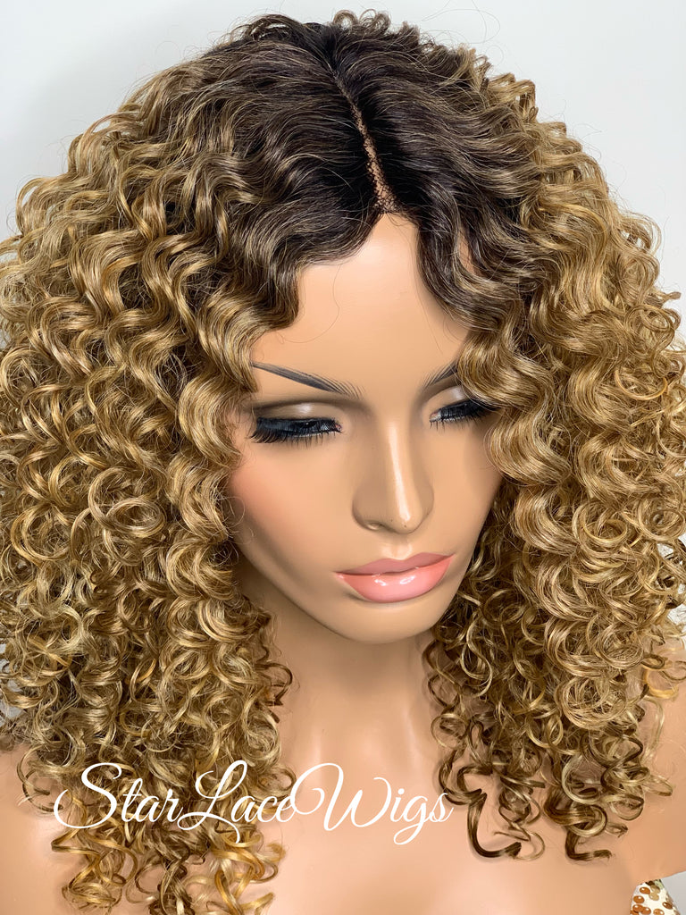 Synthetic Curly Full Wig Honey Blonde Dark Roots - Ada
