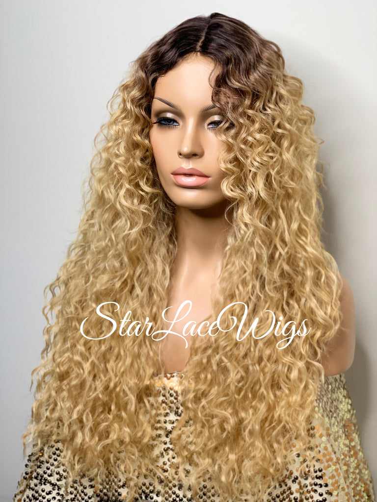 Long Full Wig Synthetic Curly Golden Blonde Dark Roots Middle Part Bangs - Harley