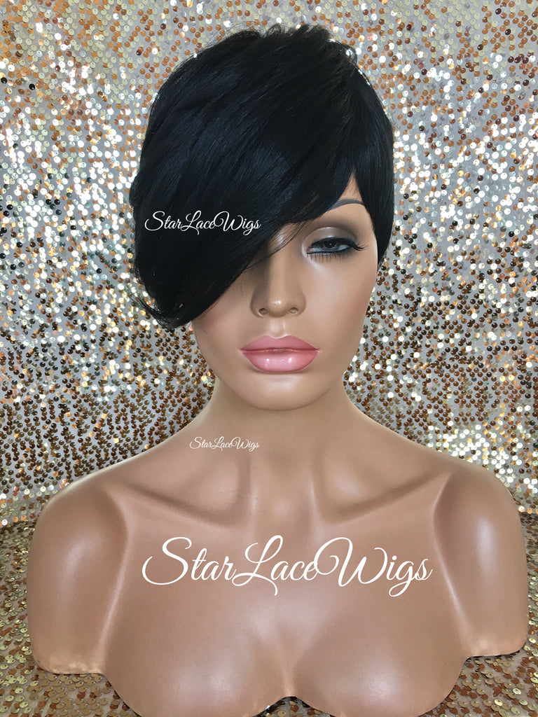 Short Synthetic Wig Black Pixie Bangs - Aubree