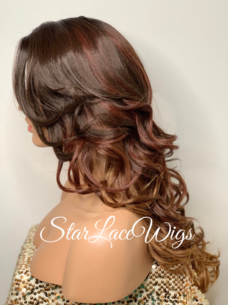 Long Wavy Synthetic Lace Front Wig Brown Auburn Ombre Layers - Carissa