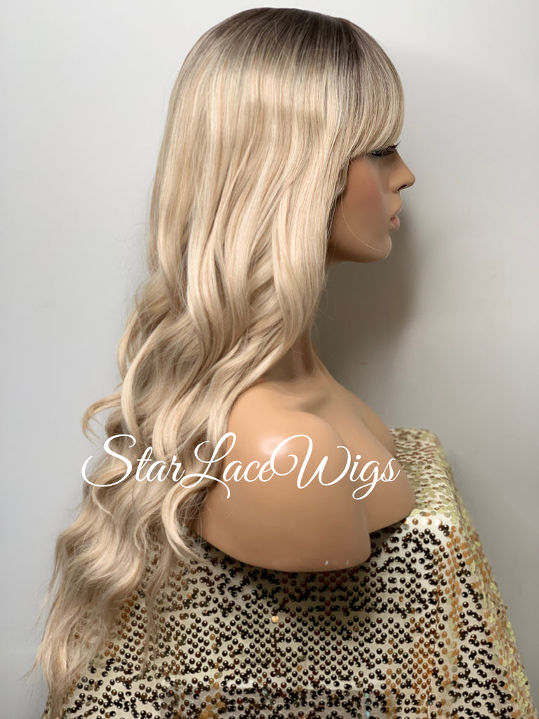 Long Full Wig Synthetic Wavy Blonde Dark Roots Middle Part Bangs - Millie