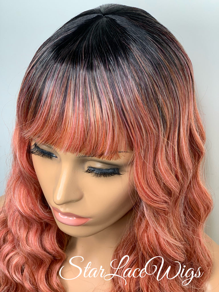 Long Pink Full Wig with Bangs Synthetic Wavy Dark Roots - Cadence