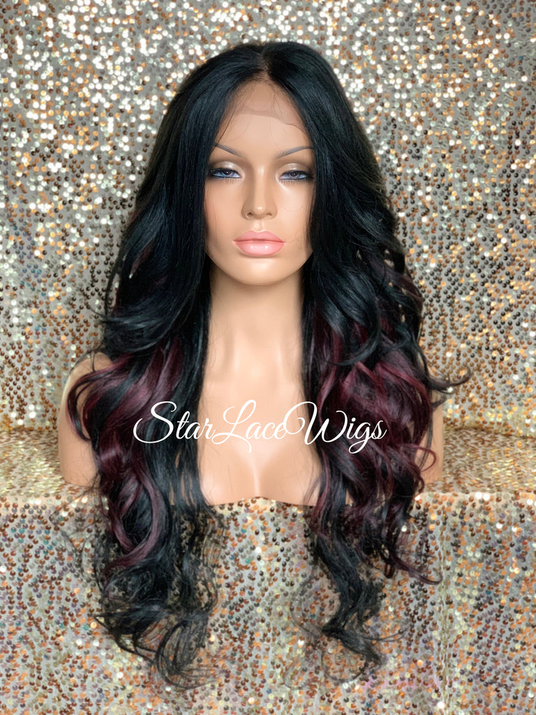 Long Loose Curls Lace Front Wig (6x13) Parting Space Black Burgundy - Dior