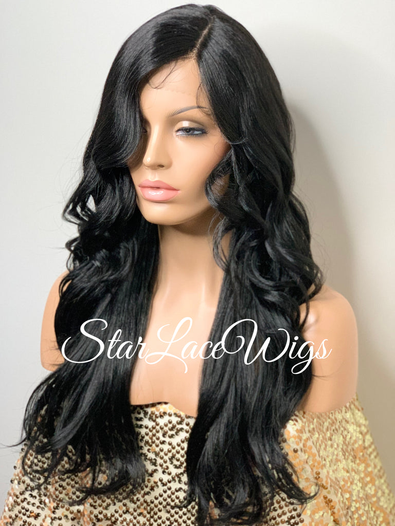 Lace Front Wig Synthetic Black Loose Waves Side Part Layers - Gwen