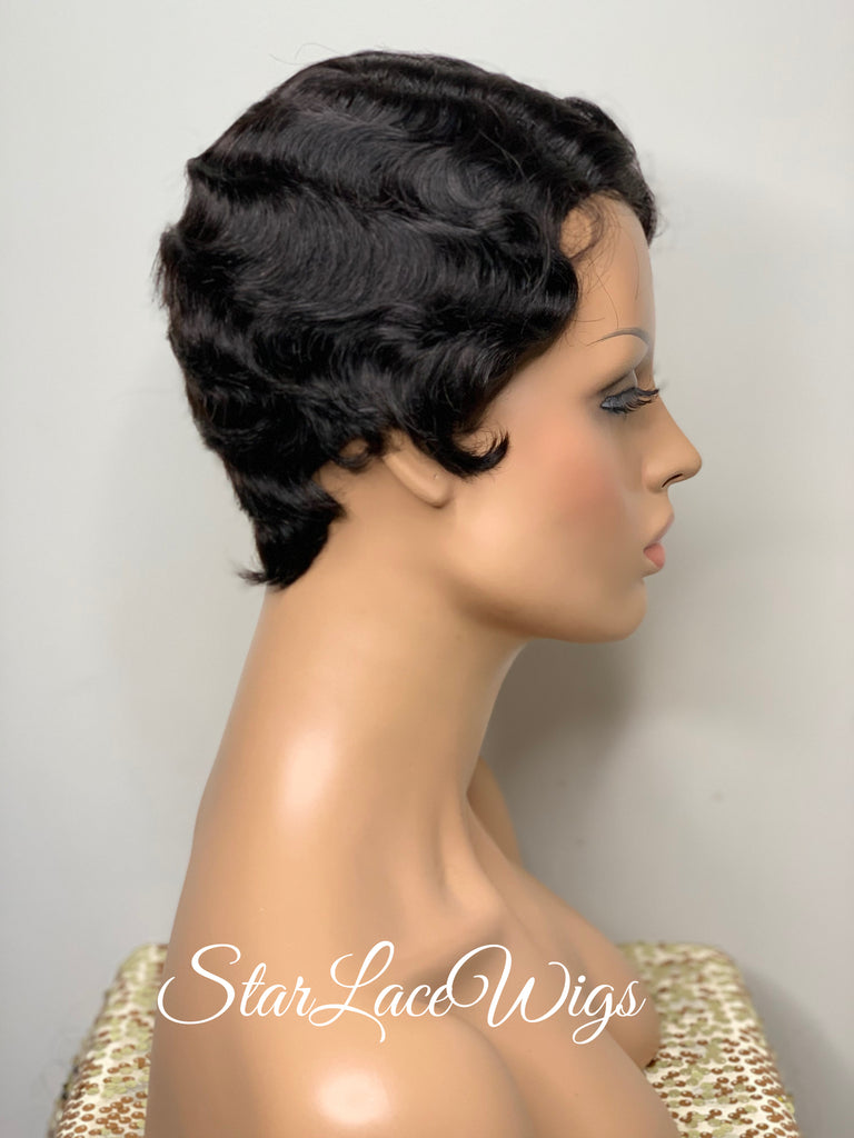 Short Curly Wig Human Hair Black Brown Side Part Wavy Finger Waves - Sylvia