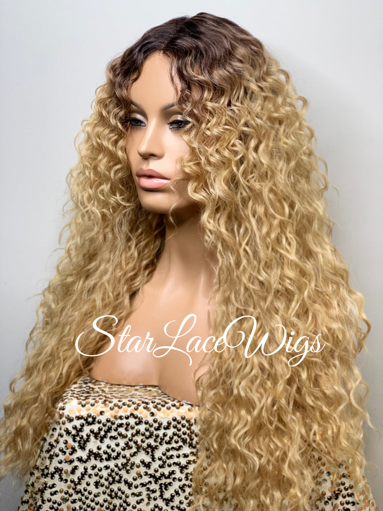 Long Full Wig Synthetic Curly Golden Blonde Dark Roots Middle Part Bangs - Harley