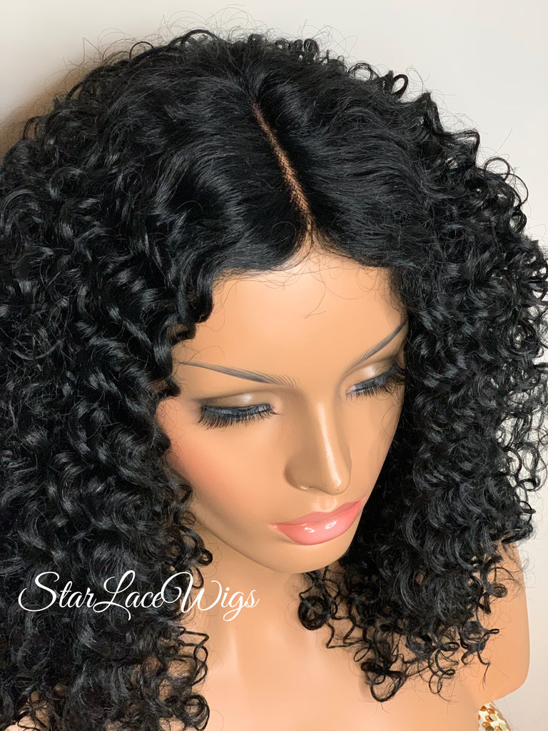 Synthetic Curly Full Wig Black Middle Part Shoulder Length - Monica