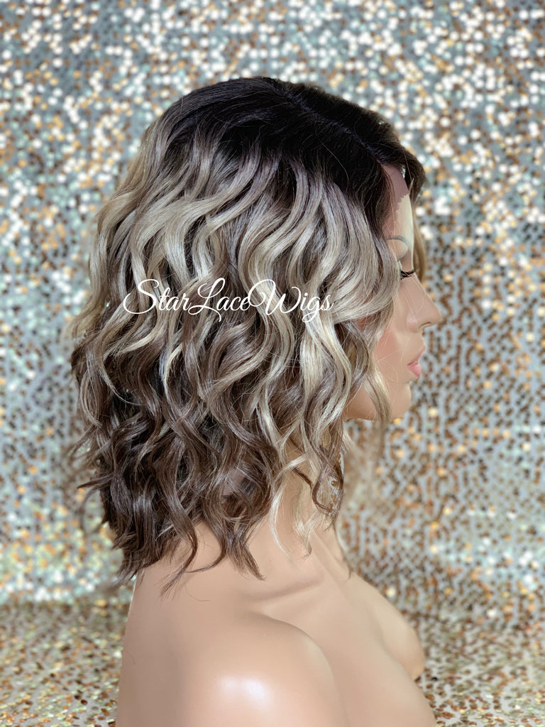 Lace Front Wig Short Wavy Ash Blonde Synthetic Bob Brown Roots - Cina