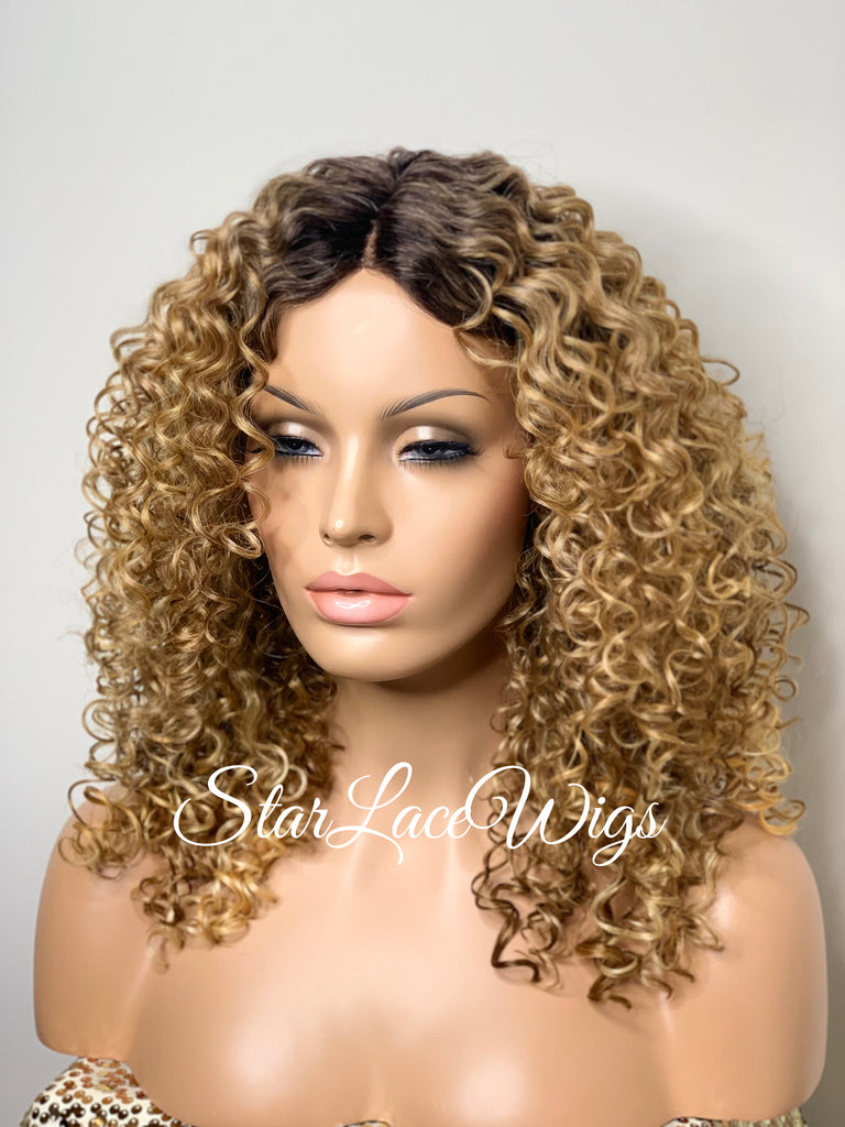 Synthetic Curly Full Wig Honey Blonde Dark Roots - Ada