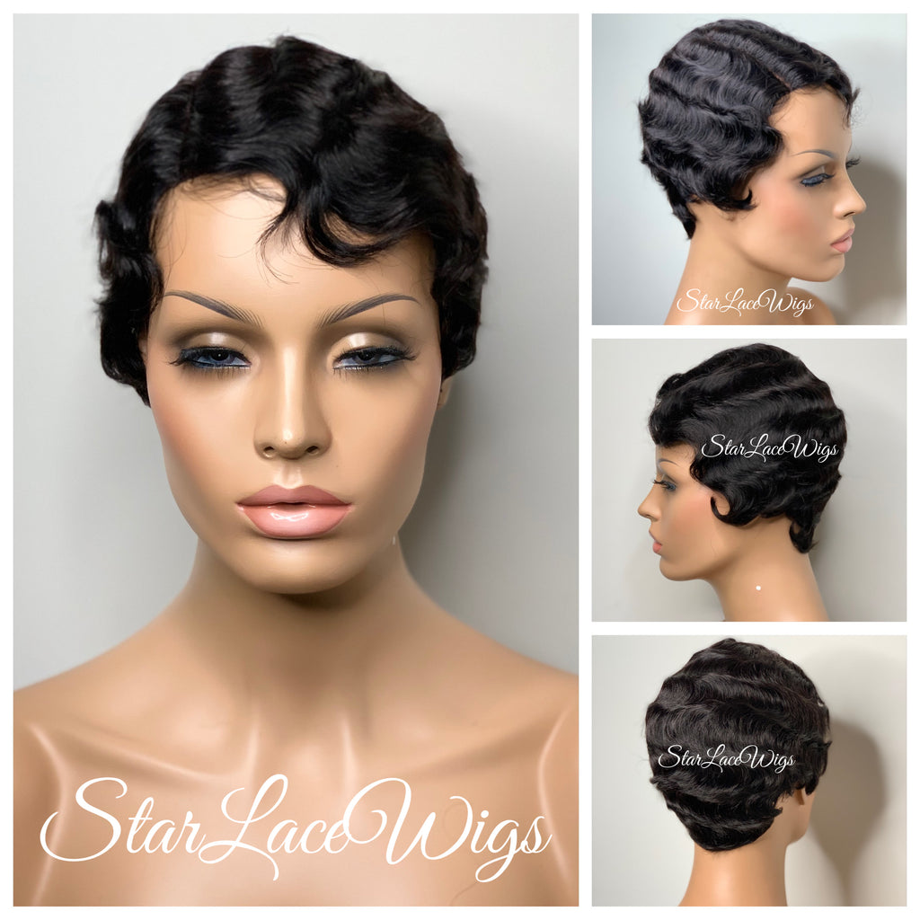 Short Curly Wig Human Hair Black Brown Side Part Wavy Finger Waves - Sylvia