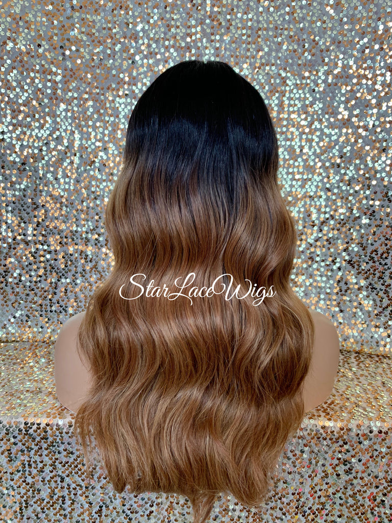 Lace Front Wig Long Synthetic Loose Waves 27/30 Dark Roots Middle Part - Irene