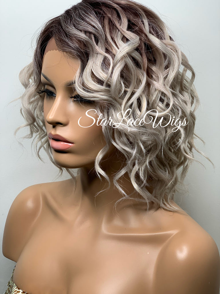 Lace Front Wig Short Wavy Ash Blonde Silver Synthetic Bob Brown Roots - Flavia