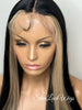 Long Straight Lace Front Wig Black Center Part Blonde Highlights Synthetic Skunk Stripe - Zoe