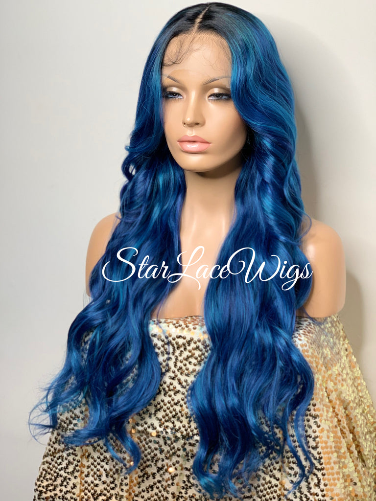 Long Blue Loose Curls Lace Front Wig Human Hair Blend - Lyla