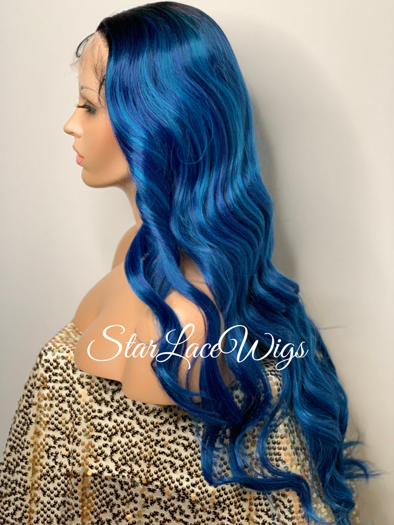 Long Blue Loose Curls Lace Front Wig Human Hair Blend - Lyla