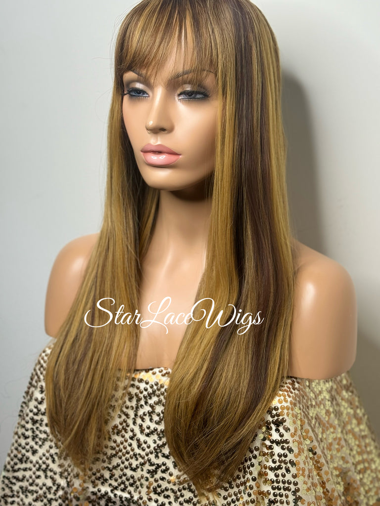 Long Straight Honey Blonde Brown Wig With Bangs - Alina