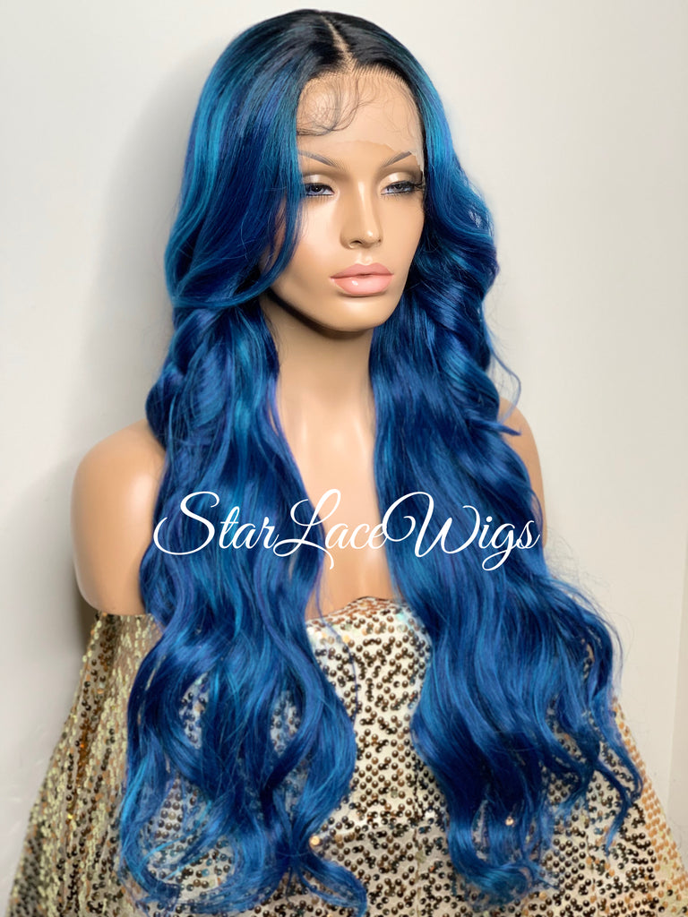 Long Blue Loose Curls Lace Front Wig Human Hair Blend - Lyla