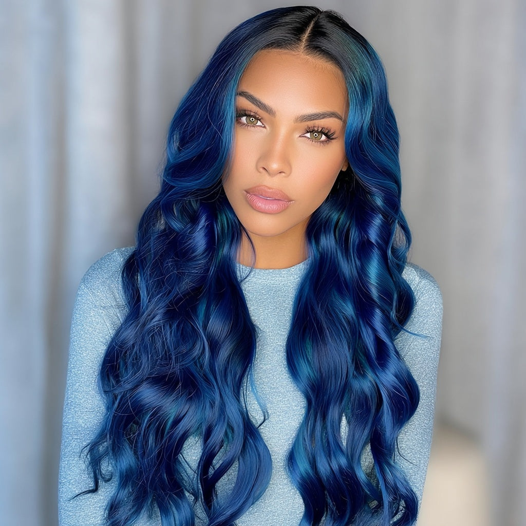 Long Blue Loose Curls Lace Front Wig Human Hair Blend - Lyla