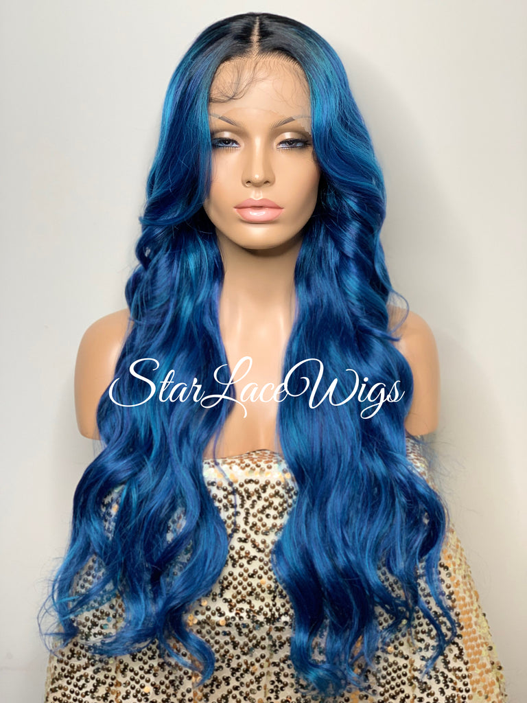 Long Blue Loose Curls Lace Front Wig Human Hair Blend - Lyla