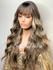 Long Wavy Brown Wig Center Part Blonde Highlights Bangs - Tiffany