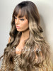 Long Wavy Brown Wig Center Part Blonde Highlights Bangs - Tiffany