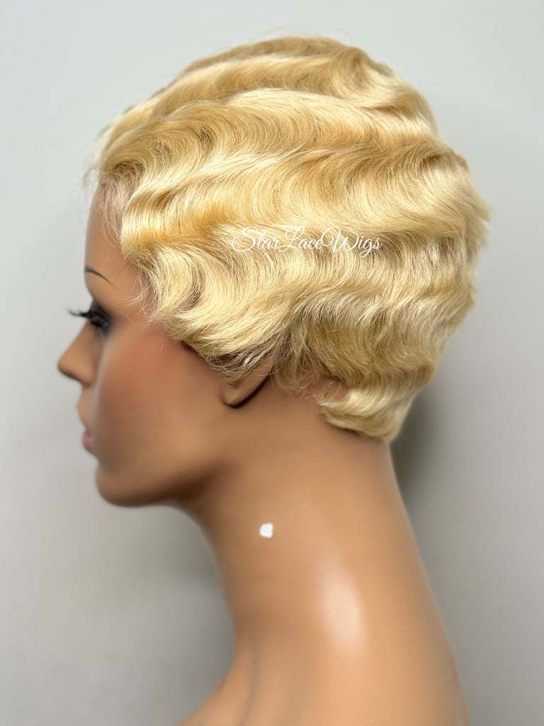 Short Wavy Wig Human Hair Blonde Side Part Wavy Finger Wave Wig - Alice