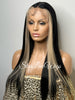 Long Straight Lace Front Wig Black Center Part Blonde Highlights Synthetic Skunk Stripe - Zoe