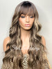 Long Wavy Brown Wig Center Part Blonde Highlights Bangs - Tiffany