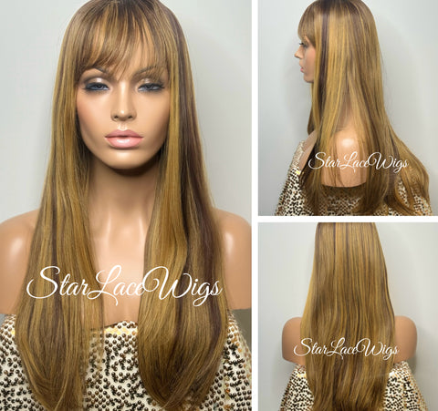 Long Beach Wave Wig Brown with Blonde Highlights Middle Part Synthetic Layers - Valerie