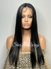 Long Straight Lace Front Wig Black Center Part Blonde Highlights Synthetic Skunk Stripe - Zoe