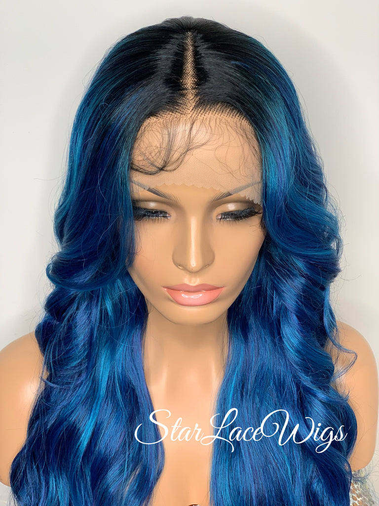 Long Blue Loose Curls Lace Front Wig Human Hair Blend - Lyla