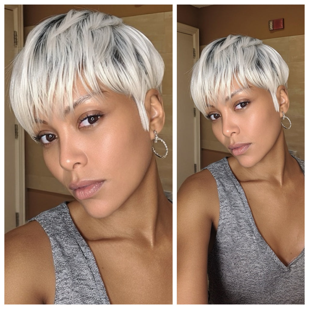 Short Straight White Platinum Blonde Pixie Wig Bangs - Jean