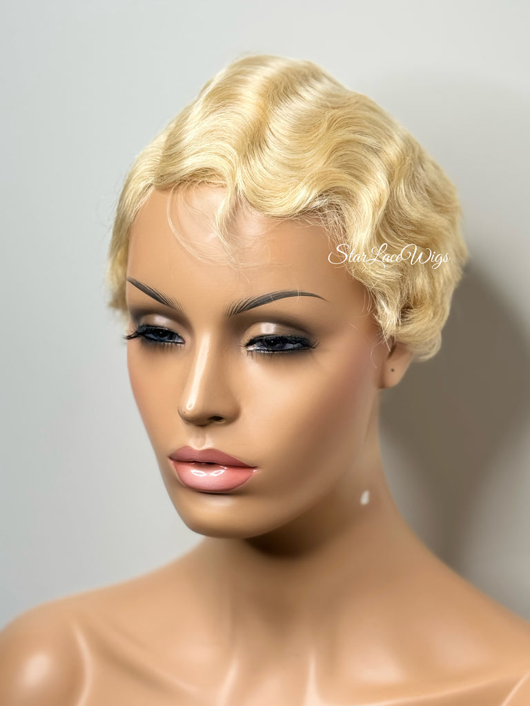 Short Wavy Wig Human Hair Blonde Side Part Wavy Finger Wave Wig - Alice