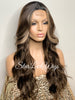 Long Wavy Wig Dark Brown Center Part Highlights Synthetic - Renee