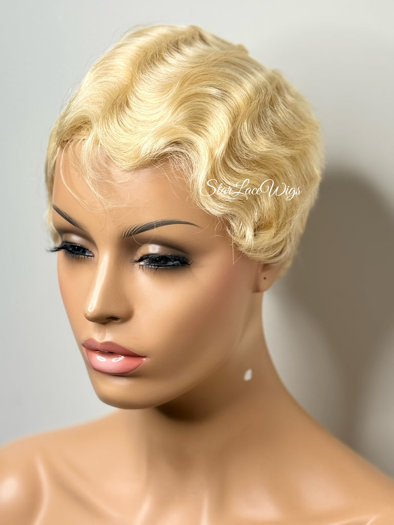 Short Wavy Wig Human Hair Blonde Side Part Wavy Finger Wave Wig - Alice