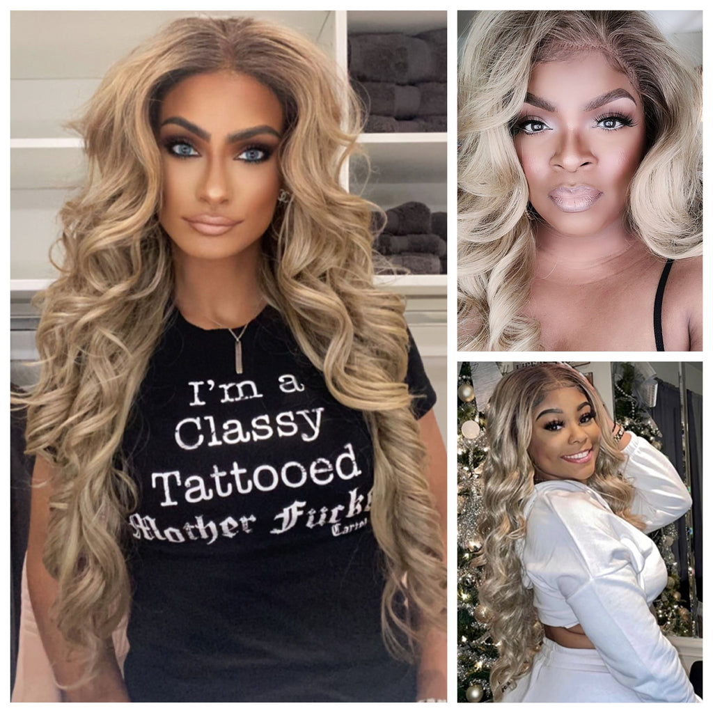 Long Blonde Curly Lace Front Wig Dark Roots (13x6) Curly Free Part - Naomi