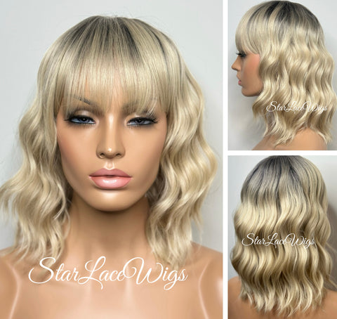 Short Wavy Bob Wig with Bangs Brown Highlights - Sam