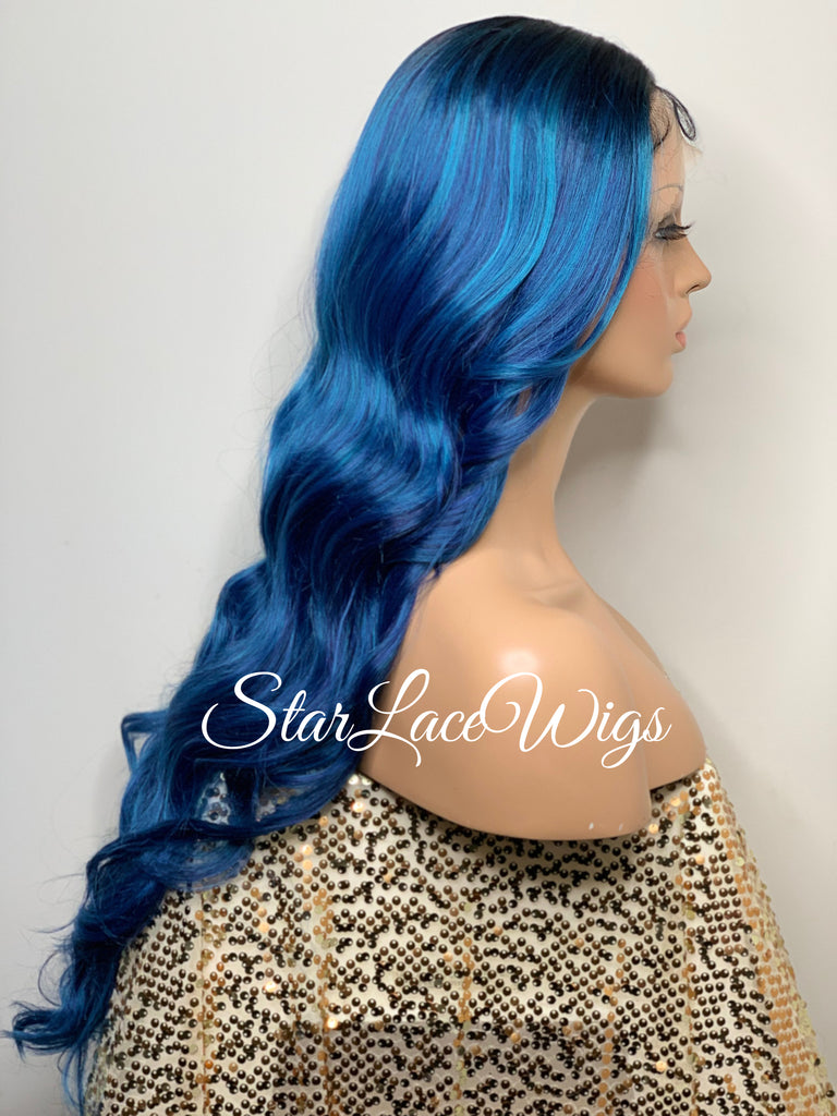 Long Blue Loose Curls Lace Front Wig Human Hair Blend - Lyla